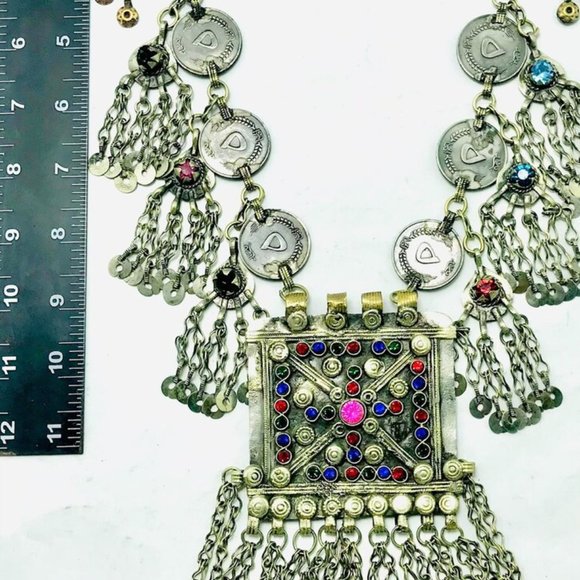 Silver Vintage Coins Chain Necklace, Tribal Big Pendant Necklace - Picture 7 of 9